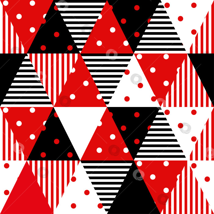 Скачать Узор в стиле пэчворк, треугольники и полоски в красный, черный и белый горошек фотосток Ozero