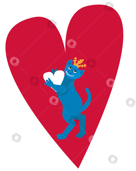 Скачать Средневековый голубой кот с острыми зубами держит в лапах белое сердечко на фоне фотосток Ozero