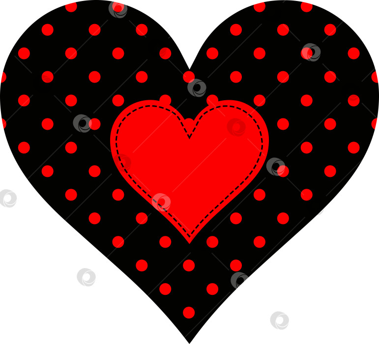 Скачать Черное сердечко в красный горошек с красным сердечком в центре и черной строчкой в стиле пэчворк фотосток Ozero