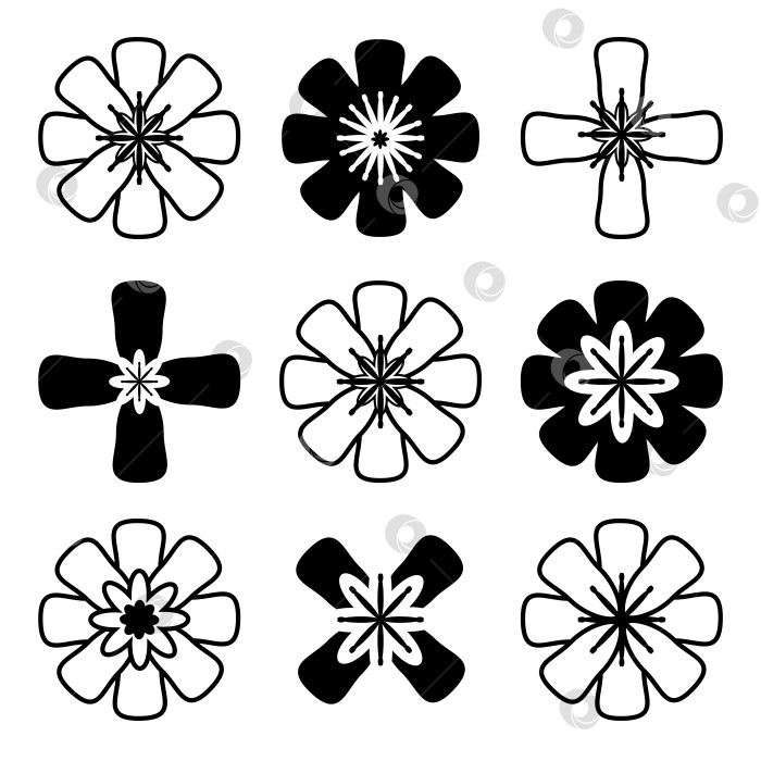 Скачать Набор из девяти абстрактных черно-белых цветов значков логотипов фотосток Ozero