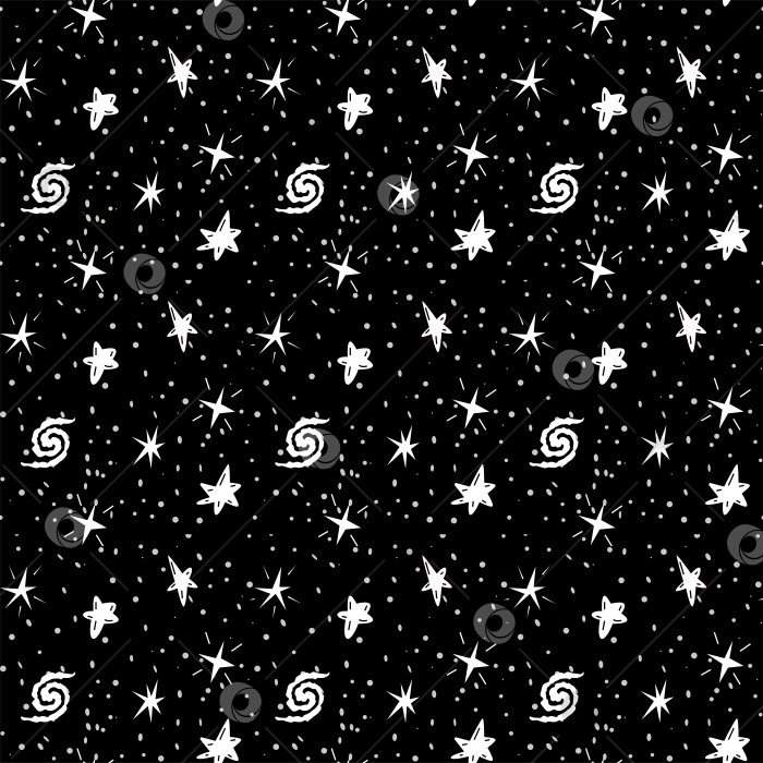Скачать Звездное небо бесшовный черный фон с разными звездами черно-белыми, белые звезды фотосток Ozero