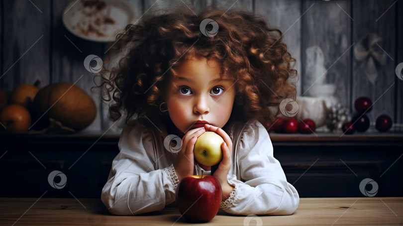 Скачать Маленькая девочка с вьющимися волосами сидит за столом на кухне и держит в руках яблоко. Созданный искусственный интеллект. фотосток Ozero