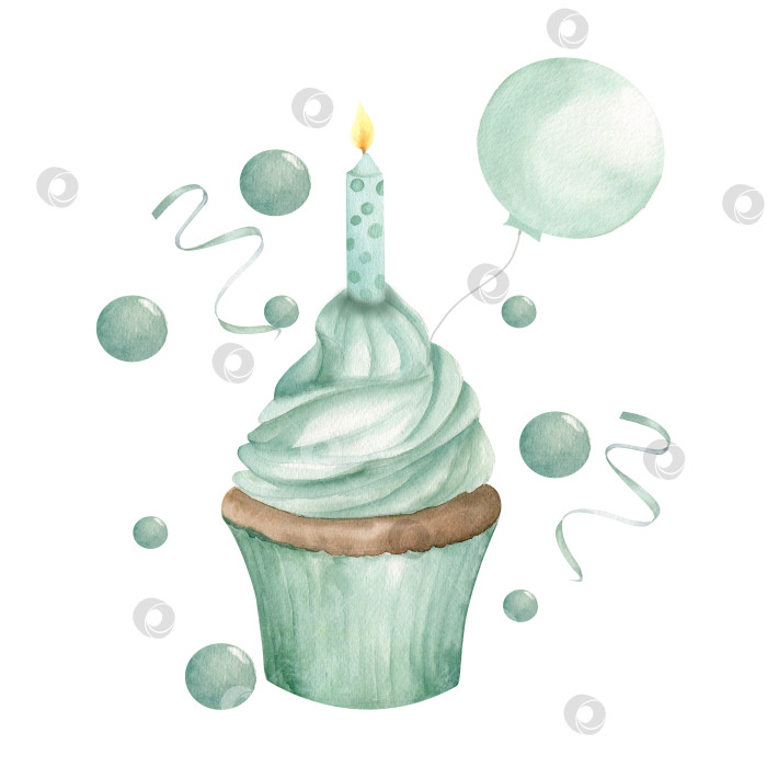 Скачать Мятный кекс ручной росписи акварелью с воздушным шаром и пузырьками вокруг для празднования, декора вечеринки по случаю дня рождения фотосток Ozero