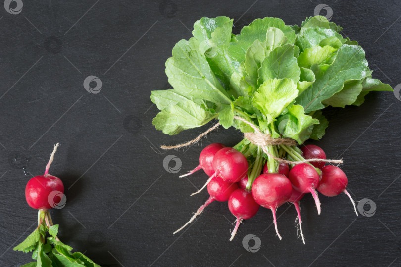 Скачать Красная редька с листвой на черном сланцевом блюде в качестве фона. Вид сверху. фотосток Ozero