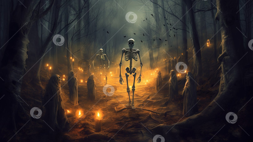 Скачать Скелет, держащий лампу в темном лесу во время праздника Хэллоуин. Темное искусство с монстрами в осеннем лесу. Сгенерированный искусственный интеллект. фотосток Ozero
