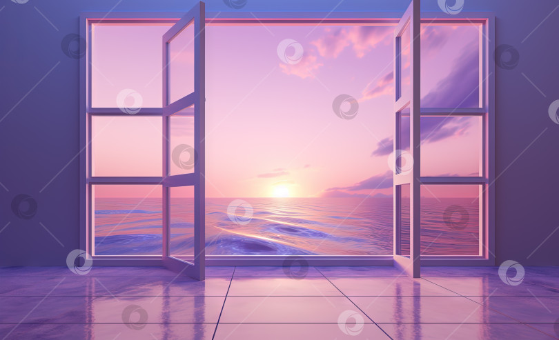 Скачать Открытое окно с тропическим пейзажем и океаном в стиле vaporwave. Пурпурный закат в комнате в стиле 90-х, рамка для спокойного отдыха. Сгенерированный искусственный интеллект. фотосток Ozero