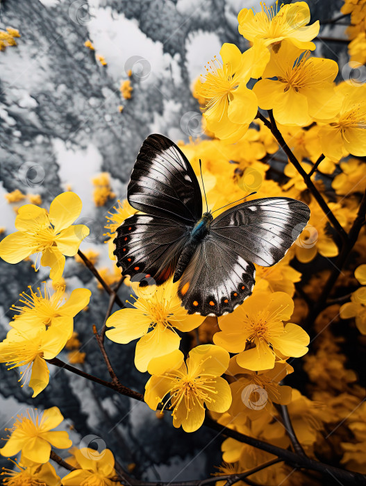 Скачать Бабочка на разноцветных цветах и растениях. Спокойная сцена природы с мечтательными красками. Сгенерированный искусственный интеллект. фотосток Ozero