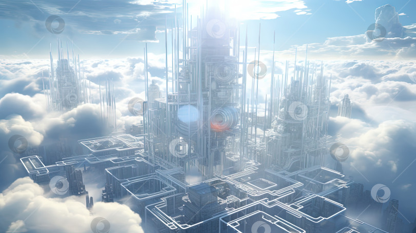 Скачать Концепция цифрового города с облачными подключениями. Футуристическая сеть в облаках. Сгенерированный искусственный интеллект. фотосток Ozero