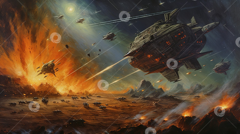 Скачать Космические корабли сражаются над чужой планетой в стиле книг 80-х годов. Ретро-научно-фантастическая иллюстрация. Сгенерированный искусственный интеллект. фотосток Ozero
