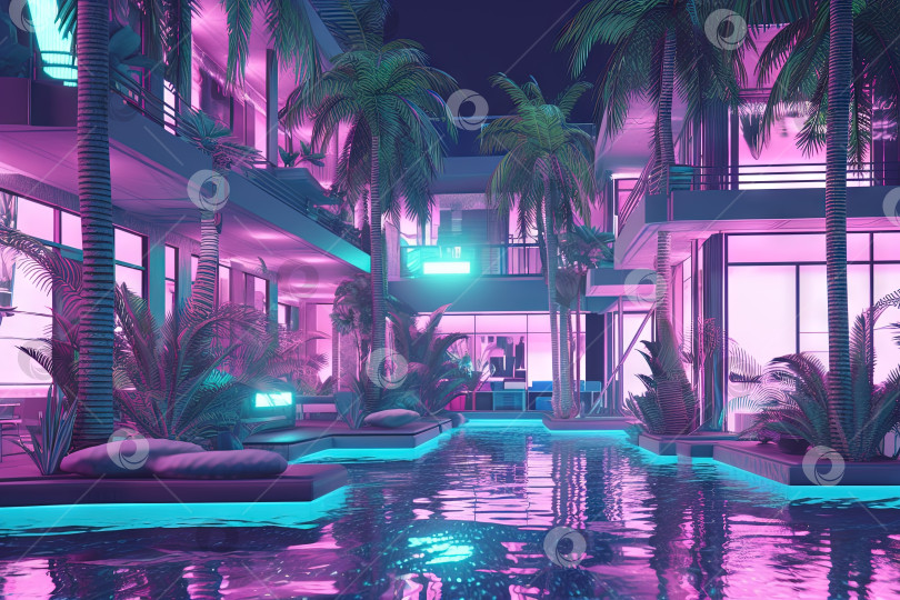 Скачать Вестибюль отеля с неоновым освещением в стиле synthwave. Сине-фиолетовый отель с пальмами в стиле 80-х. Сгенерированный искусственный интеллект. фотосток Ozero