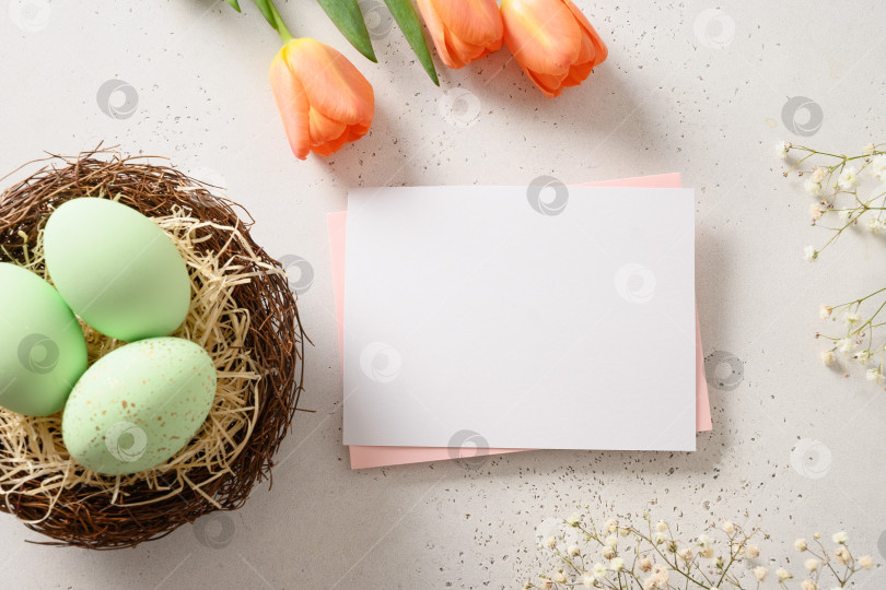 Скачать Пасхальная поздравительная открытка с зелеными яйцами в декоративном гнезде на сером фоне. фотосток Ozero