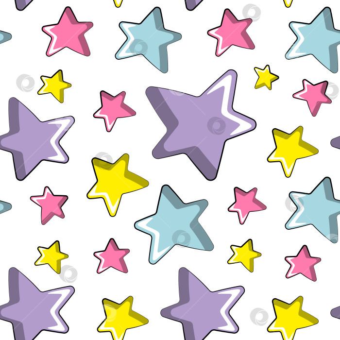 Скачать Бесшовный узор с фиолетовыми, желтыми, синими и розовыми звездами на белом фоне фотосток Ozero