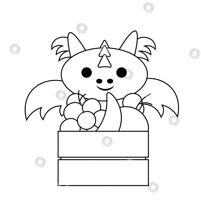 Скачать Милый мультяшный дракон с фруктами в деревянной коробке черно-белого цвета фотосток Ozero