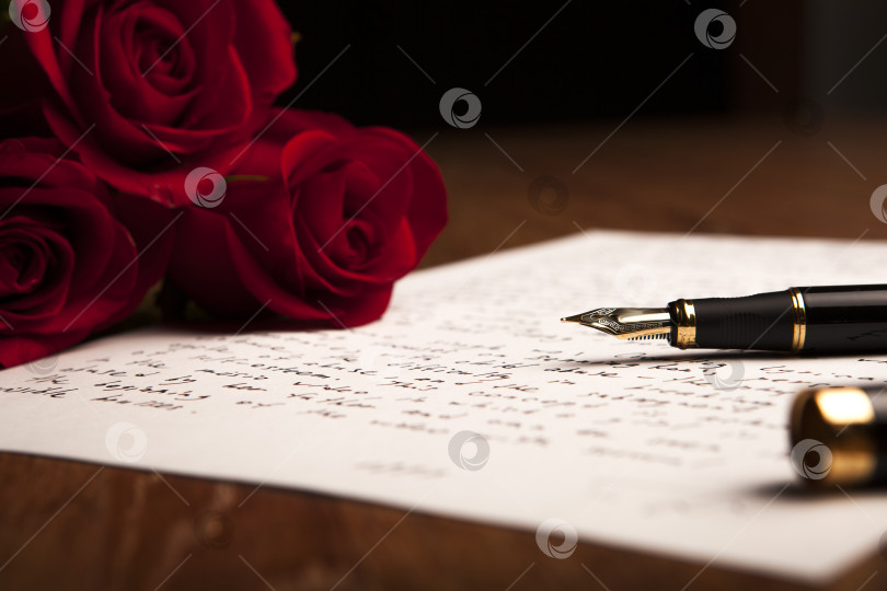 Скачать натюрморт из авторучки, бумаги и цветов розы фотосток Ozero