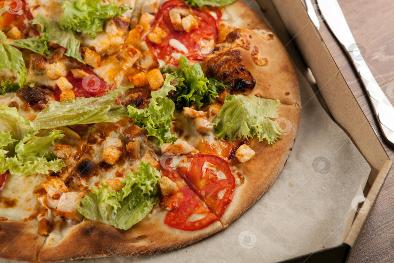 Скачать свежеприготовленная пицца с курицей и помидорами фотосток Ozero