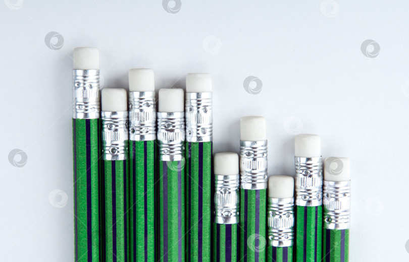Скачать много простых карандашей с ластиками с зеленой кожурой в ряд на белом столе фотосток Ozero