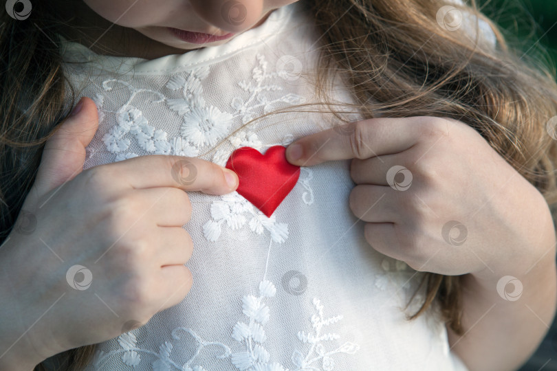 Скачать красивая маленькая девочка в белом платье держит символ красного сердца фотосток Ozero