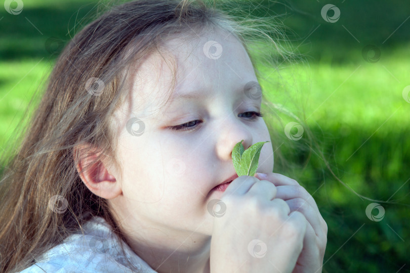 Скачать маленькая девочка в белом платье держит листья на зеленом фоне крупным планом фотосток Ozero