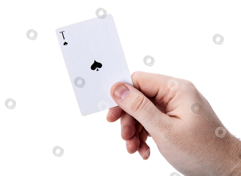 Скачать карточный туз пик в руке мужчины на белом фоне фотосток Ozero