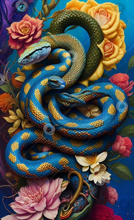 Скачать Дизайн со сказочными змеями и цветами.  Яркий узор для печати на ткани, обложках, полотнищах. Фэнтезийный стиль фотосток Ozero