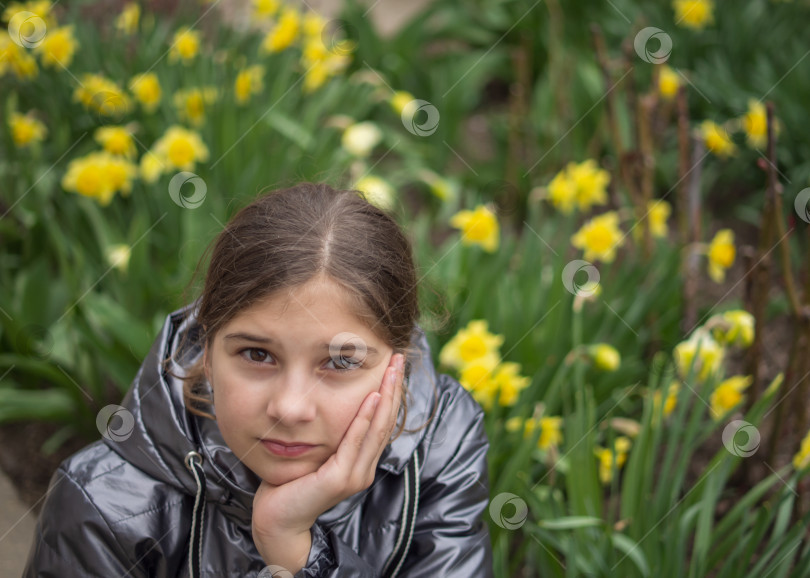 Скачать Весенний портрет молодой красивой девочки-подростка в саду на фоне цветущих нарциссов фотосток Ozero