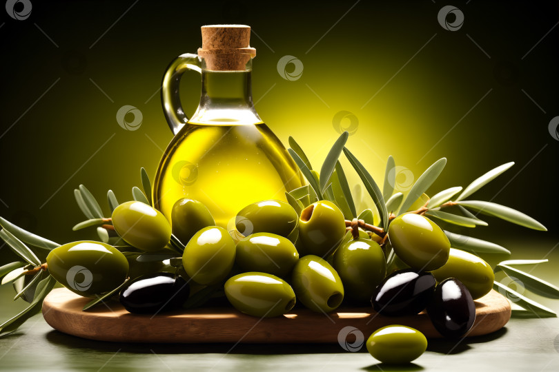 Скачать Оливковое масло в бутылке между оливками и листьями на зеленом фоне фотосток Ozero