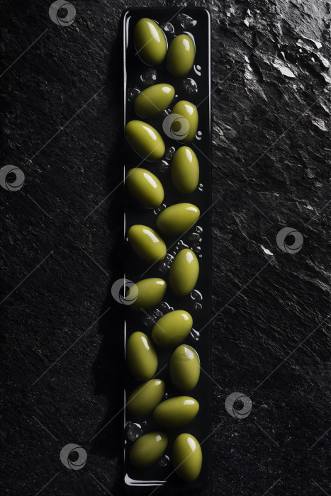 Скачать Зеленые оливки в длинной прямоугольной тарелке на черном камне фотосток Ozero