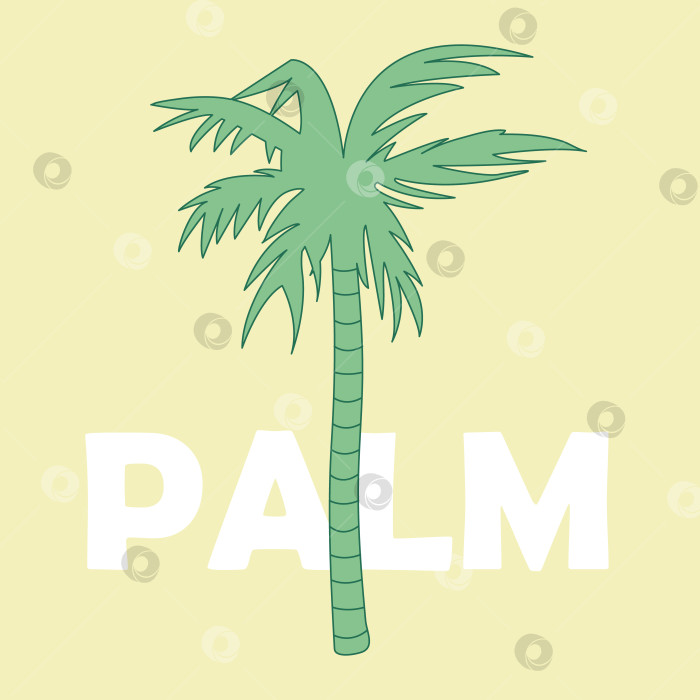 Скачать Силуэт зеленой пальмы с текстом. Контур тропического дерева на желтом фоне. Пальмовые листья. Экзотическое пляжное растение. фотосток Ozero