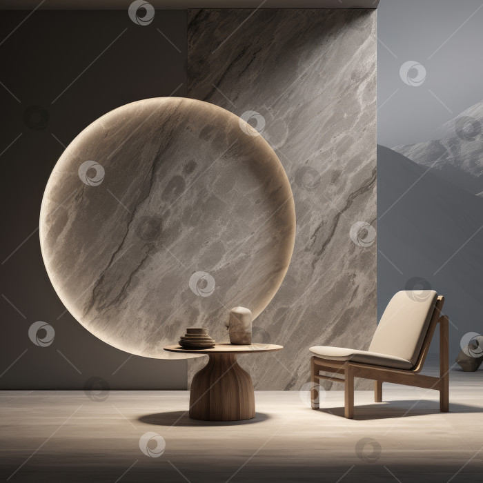 Скачать Внутренний лунный пейзаж с креслом и каменной мраморной стеной с круглой подсветкой. Иллюстрация, созданная искусственным интеллектом. фотосток Ozero