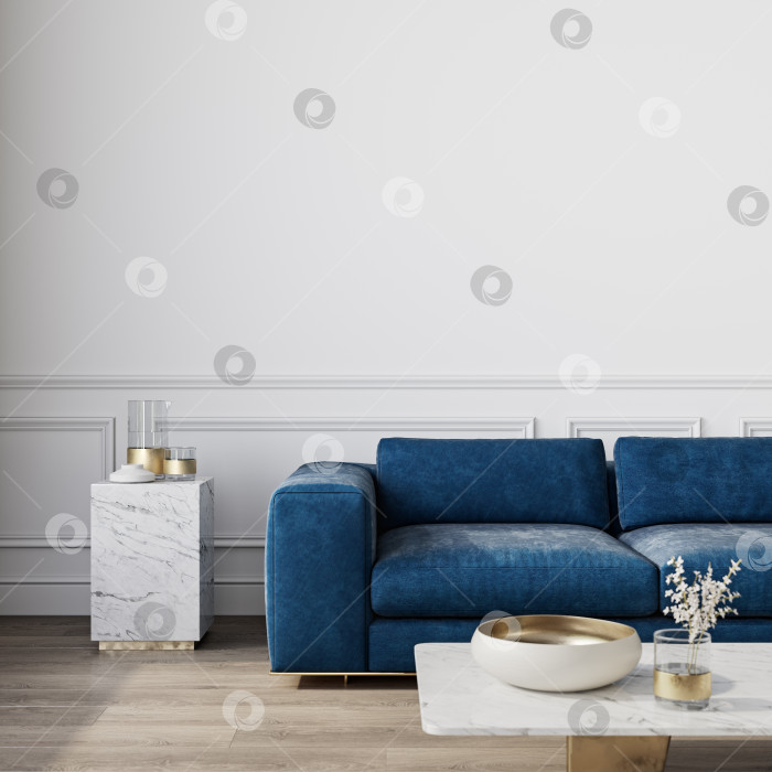 Скачать Современный классический интерьер в белом цвете с синим диваном и декором. фотосток Ozero