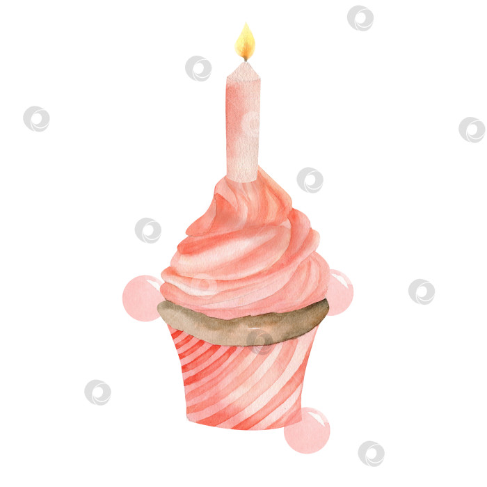 Скачать Акварельно-розовый кекс на день рождения со свечами и пузырьками для открытки, приглашения на празднование фотосток Ozero