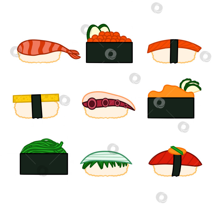 Скачать Коллекция различных видов суши, изолированных на белом фоне. Элемент дизайна для меню эмблемы плаката. Векторная иллюстрация. фотосток Ozero