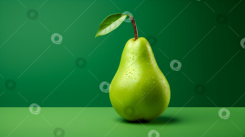 Скачать Баннер Pear с пространством для копирования. Целая спелая груша с каплями воды, выделенными на светло-зеленом фоне для обоев, баннера, плаката, принта, ткани, оберточной бумаги. Грушевый баннер с цветным фоном фотосток Ozero