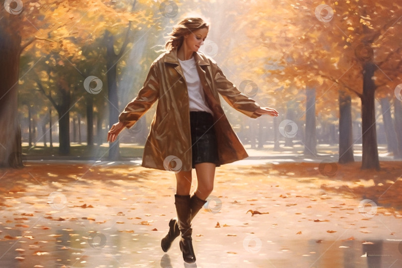 Скачать молодая женщина в пальто и сапогах кружится в осеннем парке, наслаждаясь собой. радость бытия фотосток Ozero