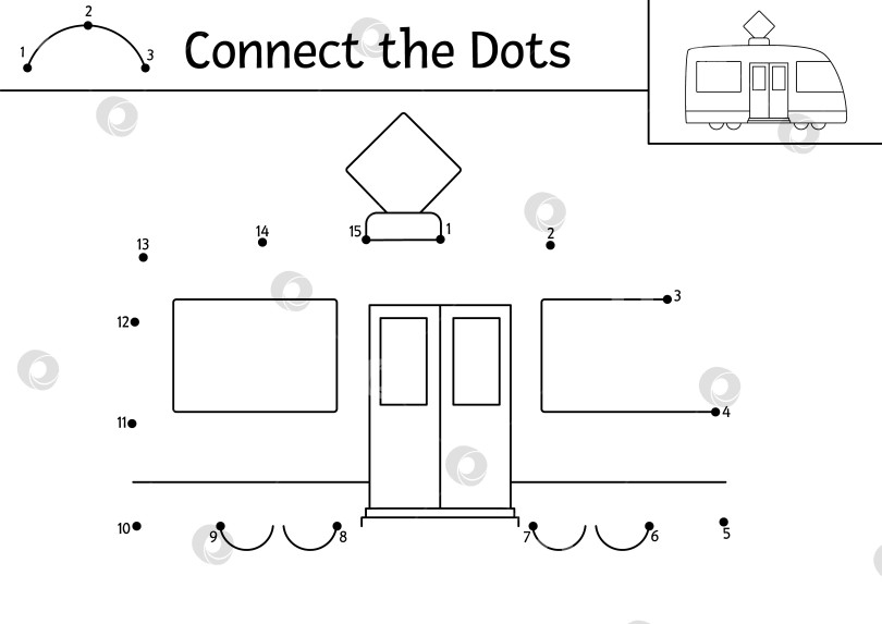 Скачать Векторная точечная и цветовая активность с трамваем. Транспорт соедини точки в игре для детей с забавным трамваем. Транспортная раскраска для детей. Рабочий лист для печати фотосток Ozero