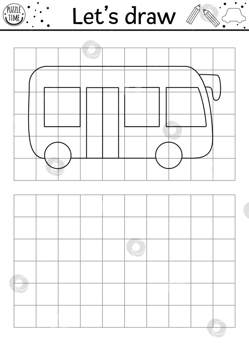 Скачать Нарисуйте автобус. Практический лист для рисования векторного транспорта. Черно-белое занятие для детей с общественным транспортом, пригодное для печати. Транспортировка скопируйте или дополните картинку-раскраску фотосток Ozero