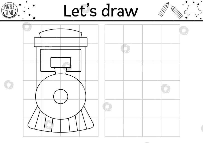 Скачать Нарисуйте вид поезда спереди. Практический лист для рисования векторного транспорта. Черно-белое занятие для детей с движком, пригодное для печати. Транспортировка скопируйте или дополните картинку-раскраску фотосток Ozero