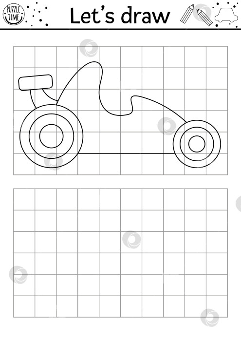Скачать Нарисуйте гоночный автомобиль. Практический лист для рисования векторного транспорта. Черно-белое занятие для детей со скоростным транспортным средством, пригодное для печати. Транспортировка скопируйте или дополните картинку-раскраску фотосток Ozero