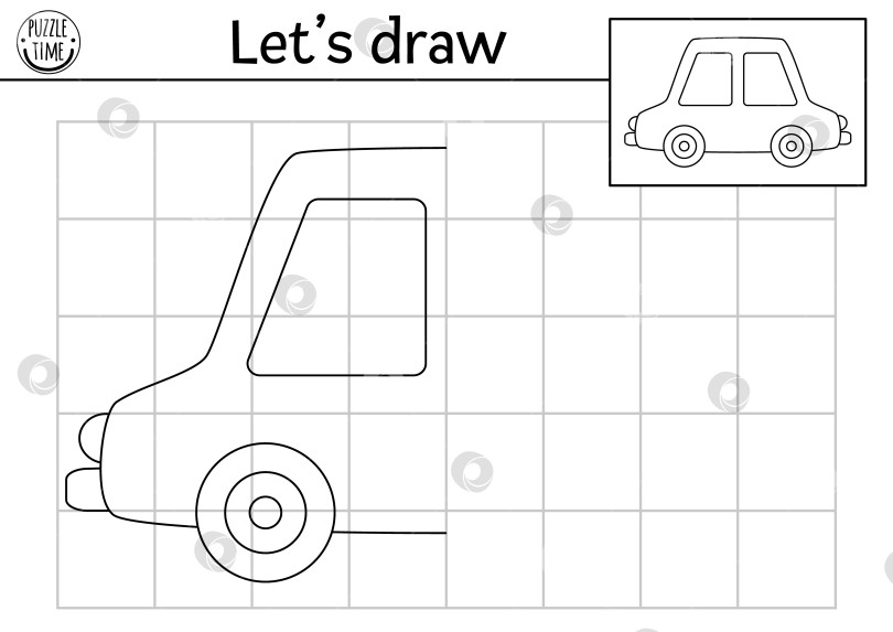 Скачать Завершите картину автомобиля. Рабочий лист для практики симметричного рисования векторной транспортировки. Черно-белое занятие для детей, пригодное для печати. Скопируйте картинку транспортной раскраски с помощью функции auto фотосток Ozero