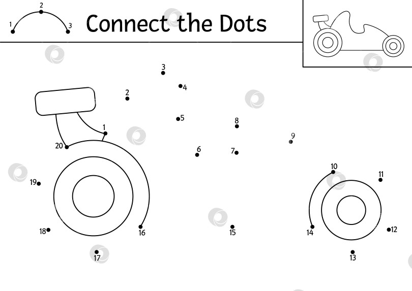 Скачать Векторная точечная и цветовая активность с симпатичным гоночным автомобилем. Транспортная игра "соедини точки" для детей с забавной гоночной машиной. Транспортная раскраска для детей. Рабочий лист для печати фотосток Ozero