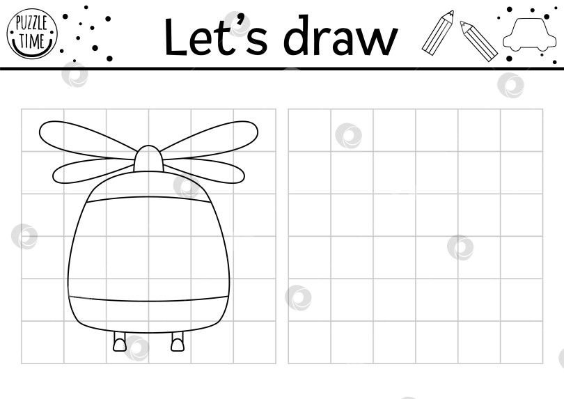 Скачать Нарисуйте вид вертолета спереди. Практический лист для рисования векторного транспорта. Черно-белое занятие для детей, пригодное для печати. Воздушный транспорт скопируйте или дополните картинку-раскраску фотосток Ozero