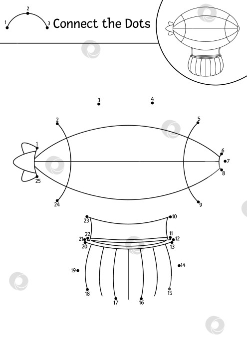 Скачать Векторная точечная и цветовая активность с милым цеппелином. Транспортная игра "соедини точки" для детей с забавным дирижаблем. Раскраска для детей "Воздушный транспорт". Рабочий лист для печати фотосток Ozero