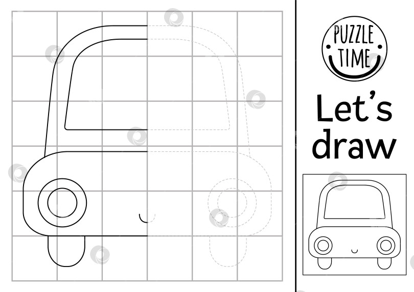 Скачать Завершите картину автомобиля. Рабочий лист для практики симметричного рисования векторной транспортировки. Черно-белое занятие для детей, пригодное для печати. Скопируйте картинку транспортной раскраски с помощью функции auto фотосток Ozero