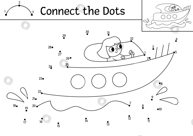 Скачать Векторная точечная и цветная активность с милой девушкой на скоростном катере. Транспортная игра "соедини точки" для детей с забавной лодочкой. Раскраска для детей "Водный транспорт". Рабочий лист для печати фотосток Ozero