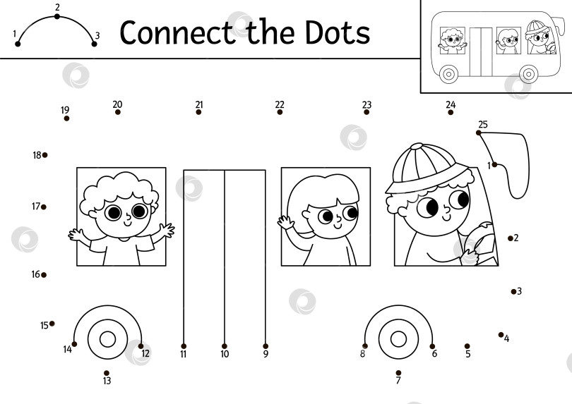 Скачать Векторная точечная и цветная активность с симпатичным автобусом, водителем и пассажирами. Транспортная игра "соедини точки" для детей с забавным автомобилем. Транспортная раскраска для детей. Рабочий лист для печати фотосток Ozero