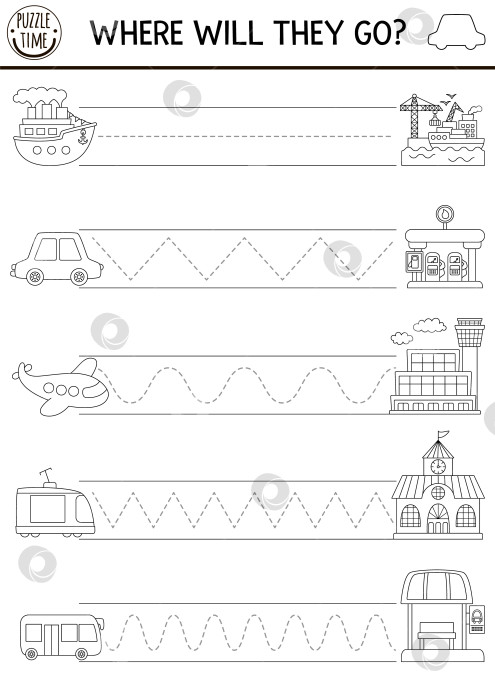 Скачать Рабочий лист для практики рукописного ввода векторной транспортировки. Черно-белое занятие для детей, пригодное для печати на транспорте. Игра-трассировка для развития навыков письма. Раскраска с изображением автомобиля, корабля, самолета, автобуса и мест, куда они отправляются фотосток Ozero