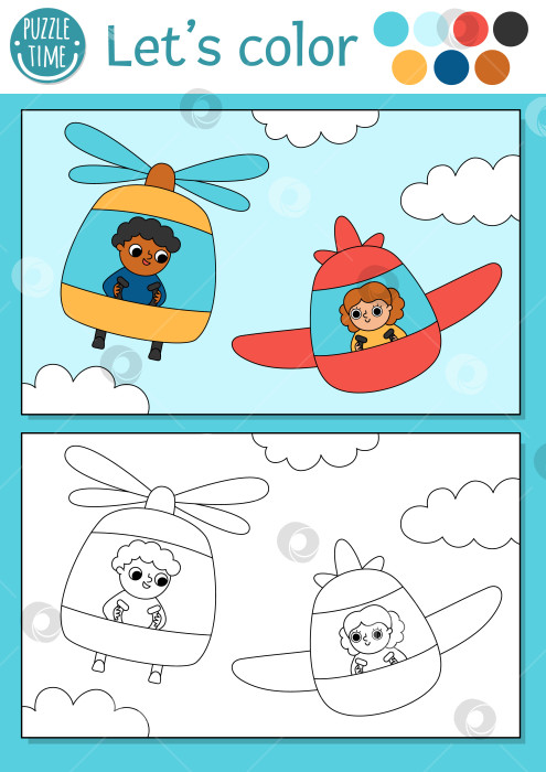 Скачать Транспортная раскраска для детей с самолетом, вертолетом, пилотами. Векторная иллюстрация схемы водного транспорта. Раскраска для детей с цветным примером. Навыки рисования рабочий лист для печати фотосток Ozero