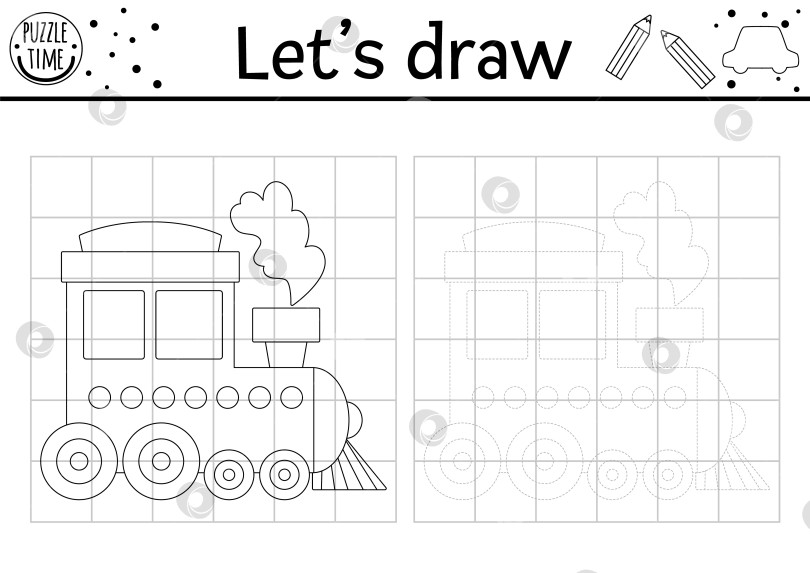 Скачать Нарисуйте поезд. Практический лист для рисования векторного транспорта. Черно-белое занятие для детей с движком, пригодное для печати. Транспортировка скопируйте или дополните картинку-раскраску фотосток Ozero