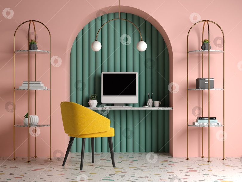 Скачать Концептуальный интерьер домашнего офиса в стиле Мемфис 3d иллюстрация фотосток Ozero