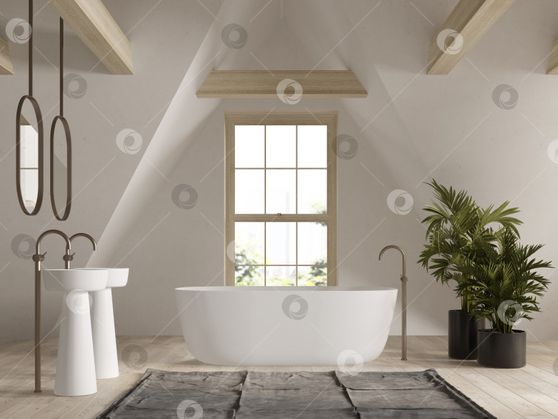 Скачать интерьер ванной комнаты в мансарде с 3D-рендерингом фотосток Ozero